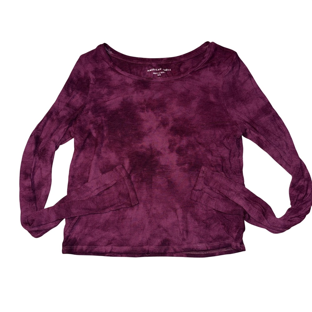 American Eagle Long Sleeve Top Medium Purple Tie Dye Soft & Sexy Ribbed Crop